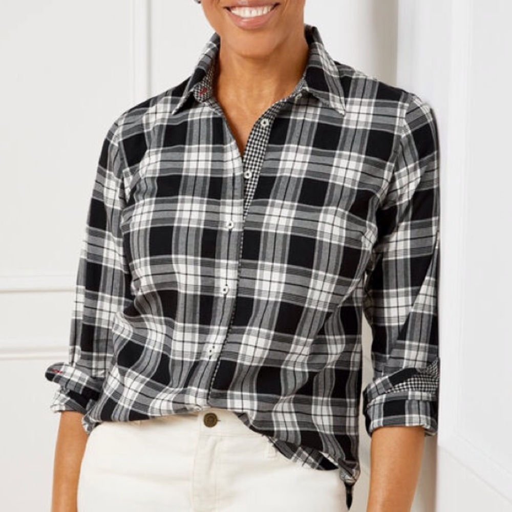 Talbots Women L Black White Parade Plaid Long Sleeve Cotton Button Front Shirt